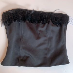 BEBE 🖤 Ostrich Feather Black Chic Strapless Semi Crop Satin Tube Bandeau Top